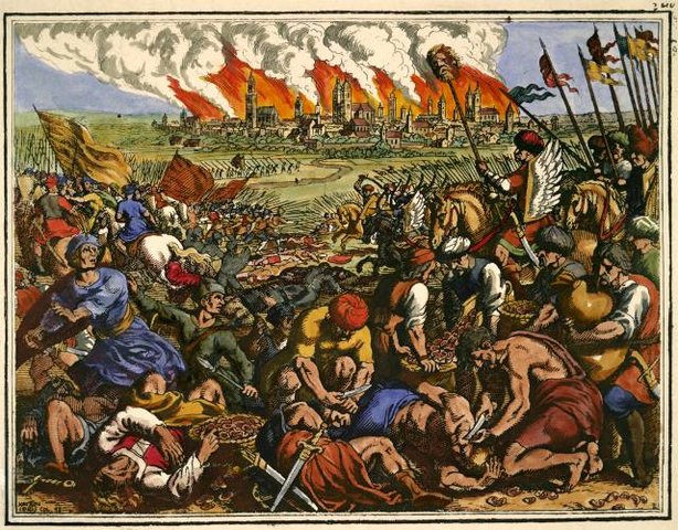 Bitwa pod Legnicą na miedziorycie Matthäusa Meriana Starszego z 1630 roku pod tytułem „Wielka klęska chrześcijan pobitych przez Tatarów”