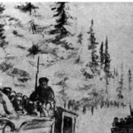 Transport więźniów odkrytymi ciężarówkami po drodze z drewnianych okrąglaków w okolicy Kotłasu w lutym 1940 roku. Rysunek nieznanego łagiernika/ foto IPN